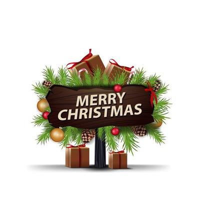 Merry Christmas, wooden pointer with frame of Christmas tree branches decorated with presents and candy canes. Wooden greeting sign isolated on white