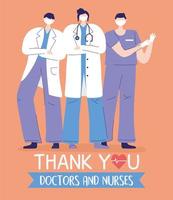 thank you doctors and nurses, female and male physician and nurse staff vector