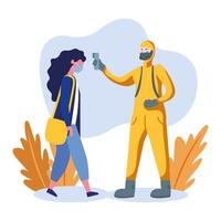 man with protective suit checking woman temperature design vector