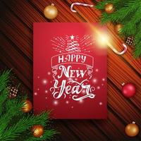 Feliz año nuevo, postal vertical roja con hermosas letras en forma de árbol de navidad vector