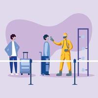man with protective suit checking men temperature vector design