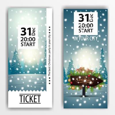 Christmas party ticket design with wooden pointer with frame of Christmas tree branches on background with winter forest