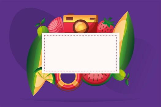 camera, lemon, shell, watermelon, float, surfboard and strawberry frame design vector