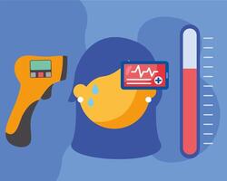Sick woman with fever and smartphone with heart pulse design vector