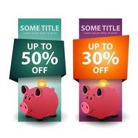 Set of vertical discount banners with Piggy bank with gold coins isolated on white vector