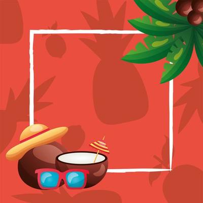 summer coconuts, glasses, hat and palm tree frame vector design