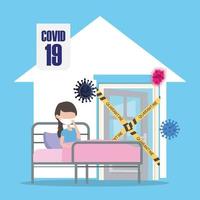 covid 19 coronavirus pandemic, infected woman with mask in bed quarantine home vector