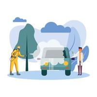 Man with protective suit spraying car and male doctor vector design