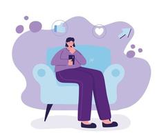 Woman with smartphone on chair chatting vector design