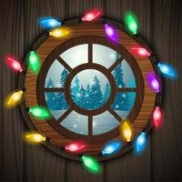 Round window in wooden door with views of the winter forest decorated with lights vector