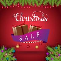 Christmas sale, red discount banner with presents wrapped with ribbon with offer vector