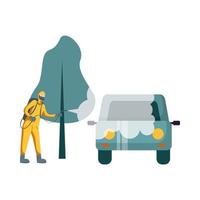 Man with protective suit spraying car and tree vector design