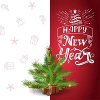 Happy New Year, red and white postcard with beautiful lettering and cartoon Christmas tree vector