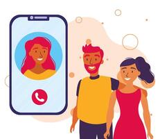 avatar de mujer en smartphone en video chat y diseño de vector de pareja