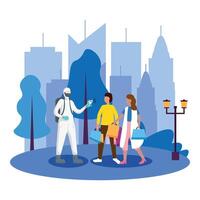 man with protective suit checking man and woman temperature design vector
