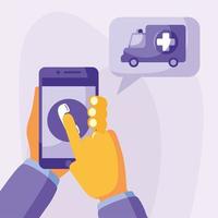 hand holding smartphone with phone and ambulance vector design