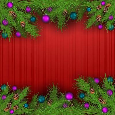 Christmas blank template with red background and frame of Christmas tree branches decorated with Christmas balls