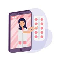 online female doctor on smartphone with pills vector design