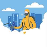 Man with protective suit spraying city vector design
