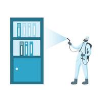 Man with protective suit spraying office furniture vector design