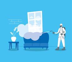 Man with protective suit spraying home room vector design