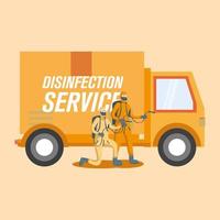 Men with protective suit spraying and truck vector design