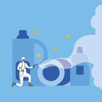 Man with protective suit spraying and detergent bottles vector design