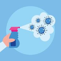 Hand holding spray bottle spraying covid 19 virus vector design