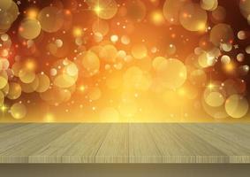 Wooden table looking out to a Christmas bokeh lights background vector