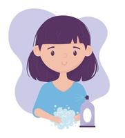 online health, girl washing hands with soap spray covid 19 coronavirus vector