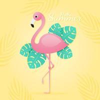 Pink flamingo with tropical Leaves for hello summer concept vector