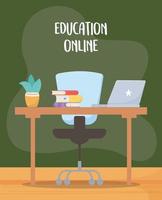 online education, school desk chair laptop books vector