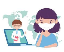 health online, consultation doctor and patient girl on laptop covid 19 coronavirus vector