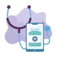 online health, smartphone prescription medicine stethoscope medical covid 19 coronavirus vector