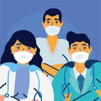 male and female doctors with uniforms and masks vector design