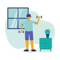 Man doing exercise with weights at home vector design