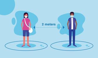 distanciamiento social entre niño y niña con máscaras de diseño vectorial vector