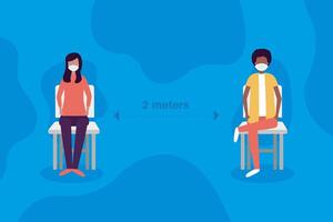 Social distancing between boy and girl with masks on chairs vector design