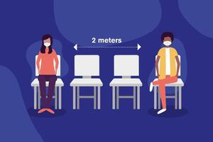 Social distancing between boy and girl with masks on chairs vector design