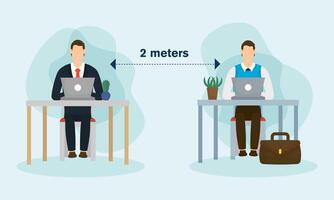 work distancing between men with laptops on desks vector design