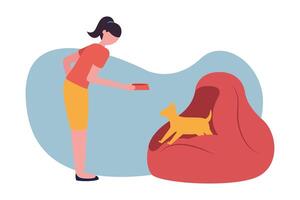 Woman with dog on puff at home vector design