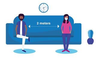 Distanciamiento social entre niño y niña con máscaras en el diseño del vector del sofá