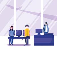 Man and woman with medical mask on airport chair and reception vector design