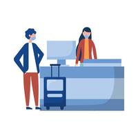 Woman and man with medical mask on airport reception vector design