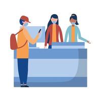 Women and man with medical mask on airport reception vector design