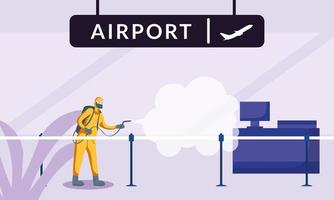 Man with protective suit spraying airport reception vector design