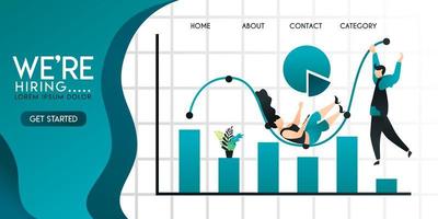 people or businessman play and hang on bar or line chart, pie chart . with inscription we're hiring and green gradation background . Vector illustration concept with flat character cartoon for web ui