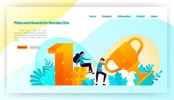 People received prizes and awards for number one with 3d gold style with trophies, first, hashtag. vector illustration concept for landing page, ui ux, web, mobile app, poster, banner, website, flyer