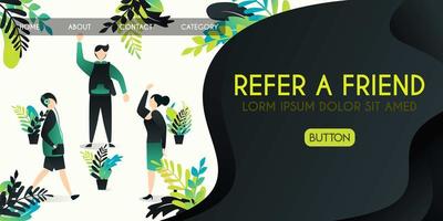 Refer a friend vector illustration concept, group of people who are greeting and talking with refer a friend word , can use for, landing page, template, ui, web