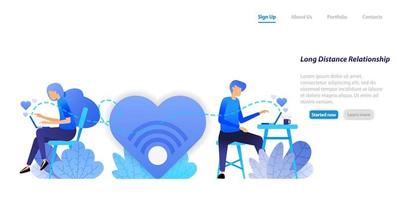 send chat big love messages  from long distance relationship couple communication with a desktop laptop. flat illustration concept for landing page, web, ui, banner, flyer, poster, template, background vector